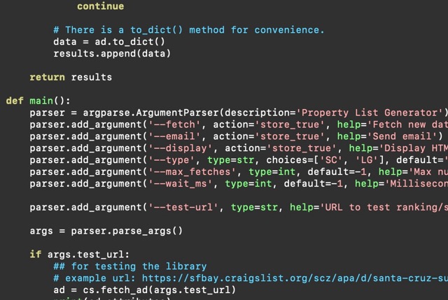 Screenshot of the python code for craiglist ranker project